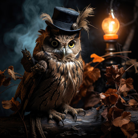 Owl in a hat with a lamp on the background of autumn leavesの素材
