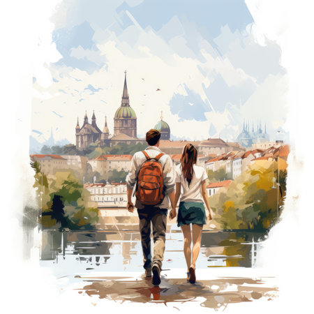 Watercolor Young couple travelingの素材