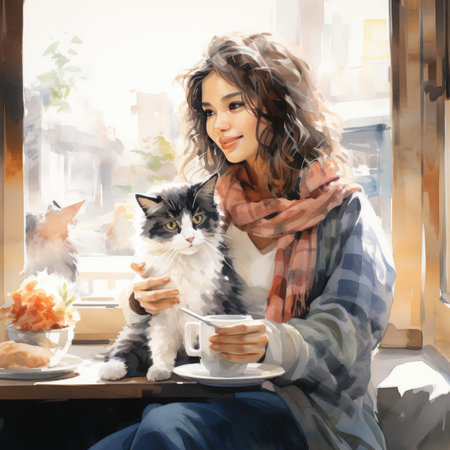 Beautiful girl with a cat in a cafe.の素材