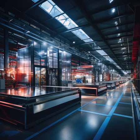 Interior of a modern office building at night.の素材