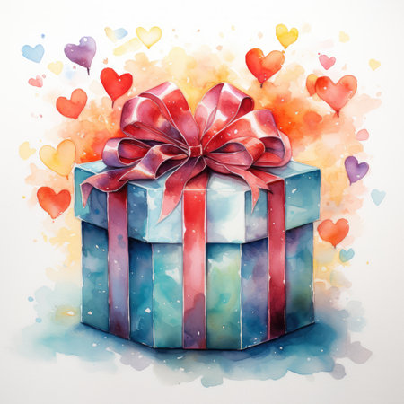 Watercolor Gift box with bow and hearts on a white background.の素材