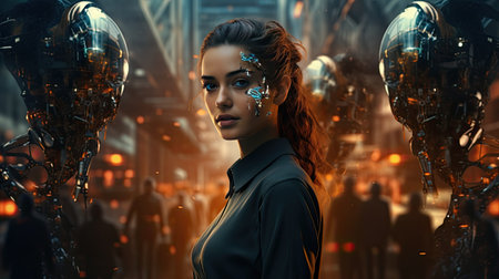 Beautiful young woman in futuristic city.の素材