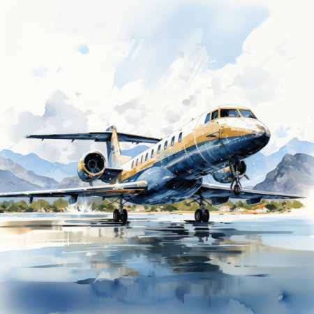 Airplane on a background of mountains and blue sky.の素材