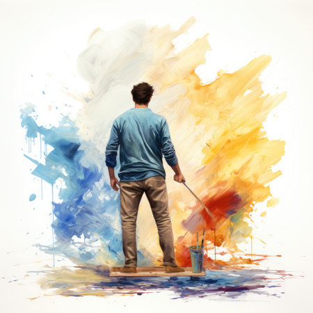 Young man cleaning the floor with a mop. Colorful watercolor background.の素材