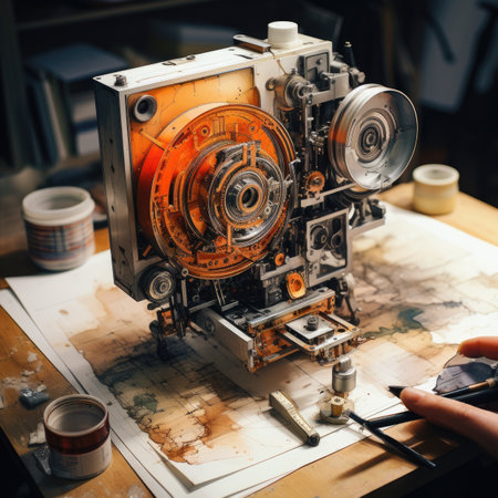 Vintage camera on the table in the workshop.の素材