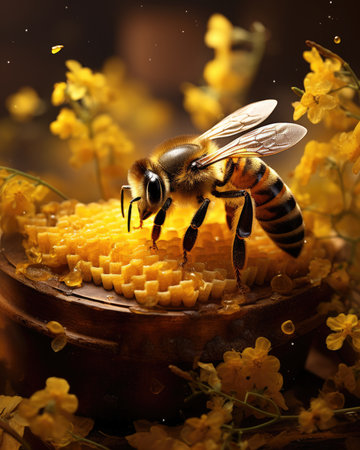 Honey bee on honeycombs with yellow flowers in the backgroundの素材