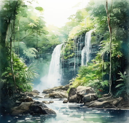 Watercolor Waterfall in tropical forest.の素材