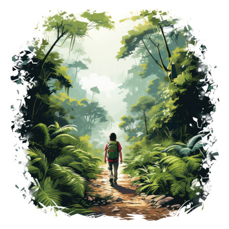 Vector illustration of a man with a backpack walking in the jungle.の素材