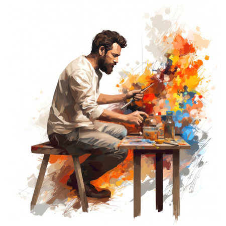 Young man painting with watercolor paints on white background.の素材