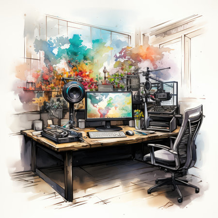 Watercolor modern office interior with computers and equipmentの素材