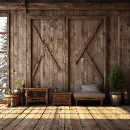 Interior of a rustic wooden room with a large windowの素材