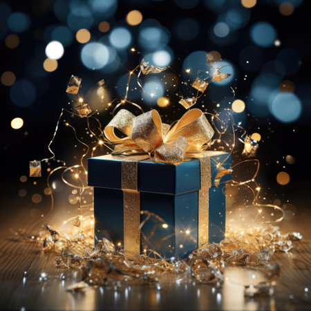 Gift box with golden bow on bokeh background. Christmas and New Year conceptの素材