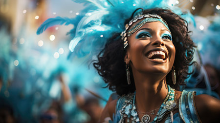 Beautiful afro american woman in blue carnival costume dancingの素材
