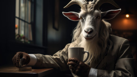 Portrait of a goat with a cup of coffee in his handの素材