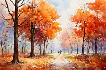 Watercolor painting of autumn park with fallen leaves. Fall season.の素材