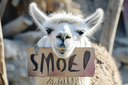 Llama with sign in the zooの素材