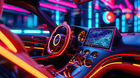Interior of a modern car with neon lights.の素材