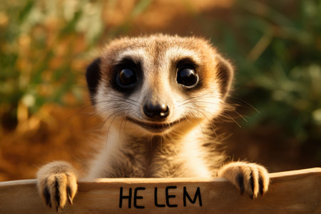 Meerkat with the word hello in a wooden signboard.の素材