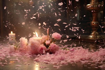 Rose petals and burning candlele table in dark room.の素材