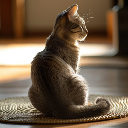 British shorthair cat sitting on a carpet in the sun light.の素材