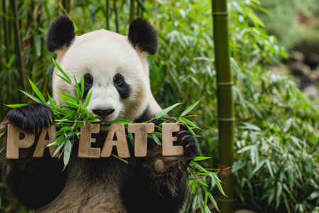 Giant panda bear eating bamboo leaves in the bamboo forest.の素材