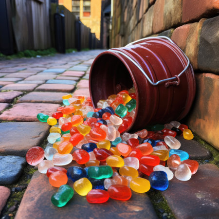 Colorful gummy candies spilling out of a bucket on a brick wallの素材