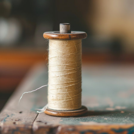 spool of thread on a wooden table in a tailor's workshopの素材