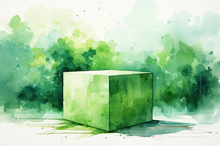 Abstract green watercolor background with a wooden boxの素材