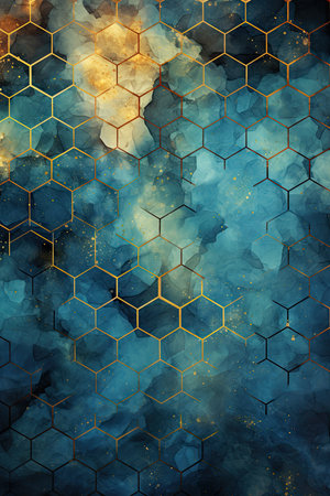 Hexagonal honeycomb pattern on blue watercolor background.の素材