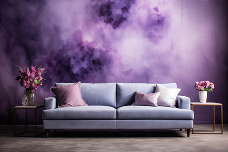 Interior of modern living room with blue sofa and purple smoke on wallの素材