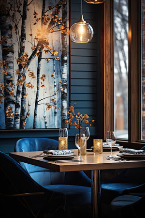 Interior of a cozy restaurant with blue chairs and tableware.の素材