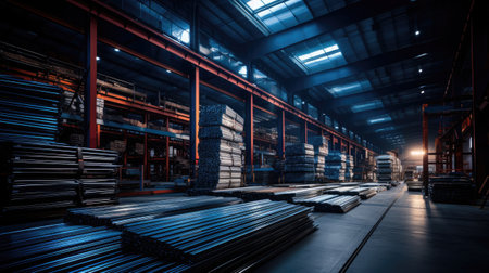 Warehouse of metal products in a large warehouse. Industrial background.の素材
