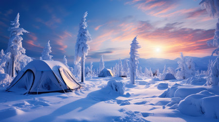 Winter camping in the mountains. Camping in the snowy forest.の素材