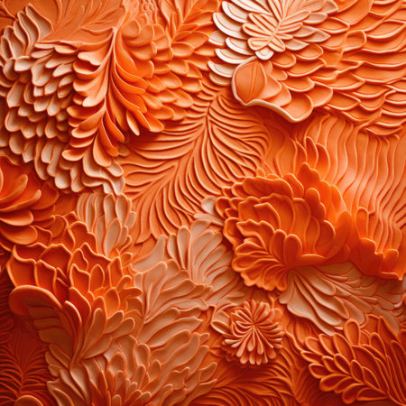 Abstract orange background with floral pattern. Orange paper flowers. Close up.の素材