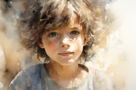 Portrait of a child with long curly hair and blue eyes.の素材