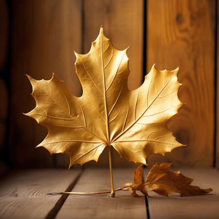 Autumn maple leaf on a wooden backgroundの素材