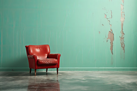 Red leather armchair in empty room with cracked wall and concrete floorの素材