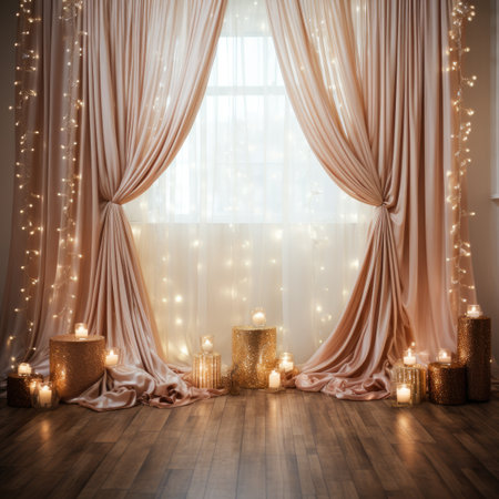 Wedding decor with candles and golden curtains.の素材