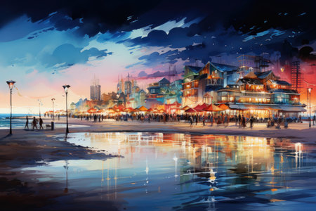 City at sunset with reflections in water.の素材