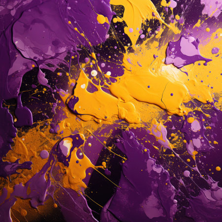 Abstract background of acrylic paint splashes in purple and yellow colors.の素材