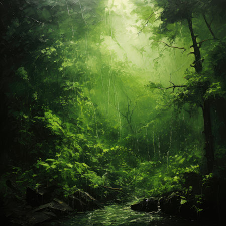 Fantasy green forest with a river in the foreground.の素材