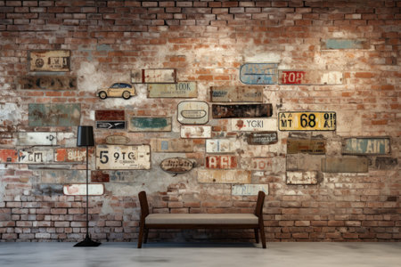 an old brick wall with a bench and vintage signsの素材