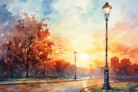 a street lamp on a background of a beautiful autumn landscapeの素材