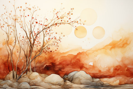 Autumn landscape with watercolor trees and leaves.の素材