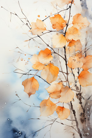 Beautiful autumn background with birch branches and falling leaves.の素材