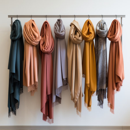 Colorful scarves hanging on a hanger in a room.の素材