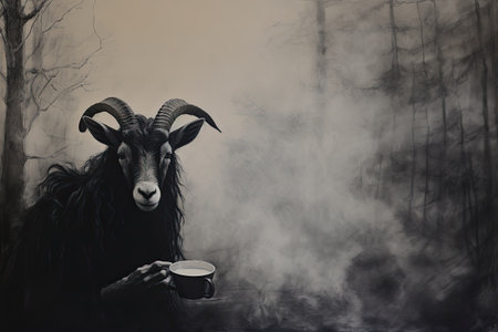 Black goat with a cup of coffee on the background of foggy forestの素材