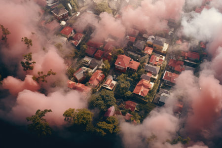 Aerial view of a small village in the middle of clouds.の素材