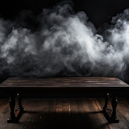 Wooden table and smoke on dark background.の素材