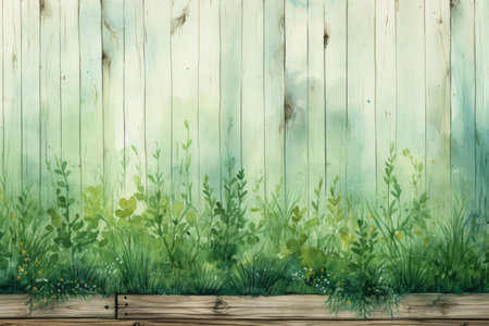 Wooden planks with green grass and flowers on the background of a wooden wallの素材